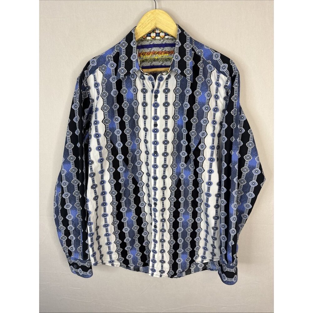 Robert Graham Flip Cuff Shirt Men’s Large Blue‎ Embroidered